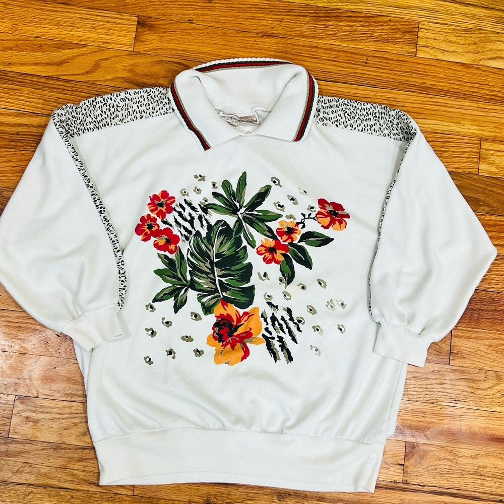 Vintage Season Ticket Women's XL Floral Tropical Leopard Print Pullover Top